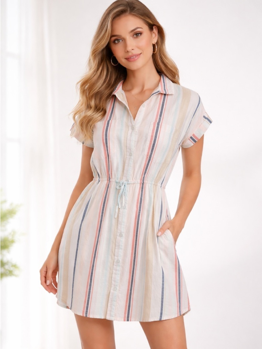 Japna Preppy Coquette Striped Rainbow Beachy Coastal Mini Shirt Dress Size S
